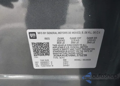 2021 Chevrolet Equinox Awd Lt from USA, damaged, VIN 3GNAXUEV6ML375239